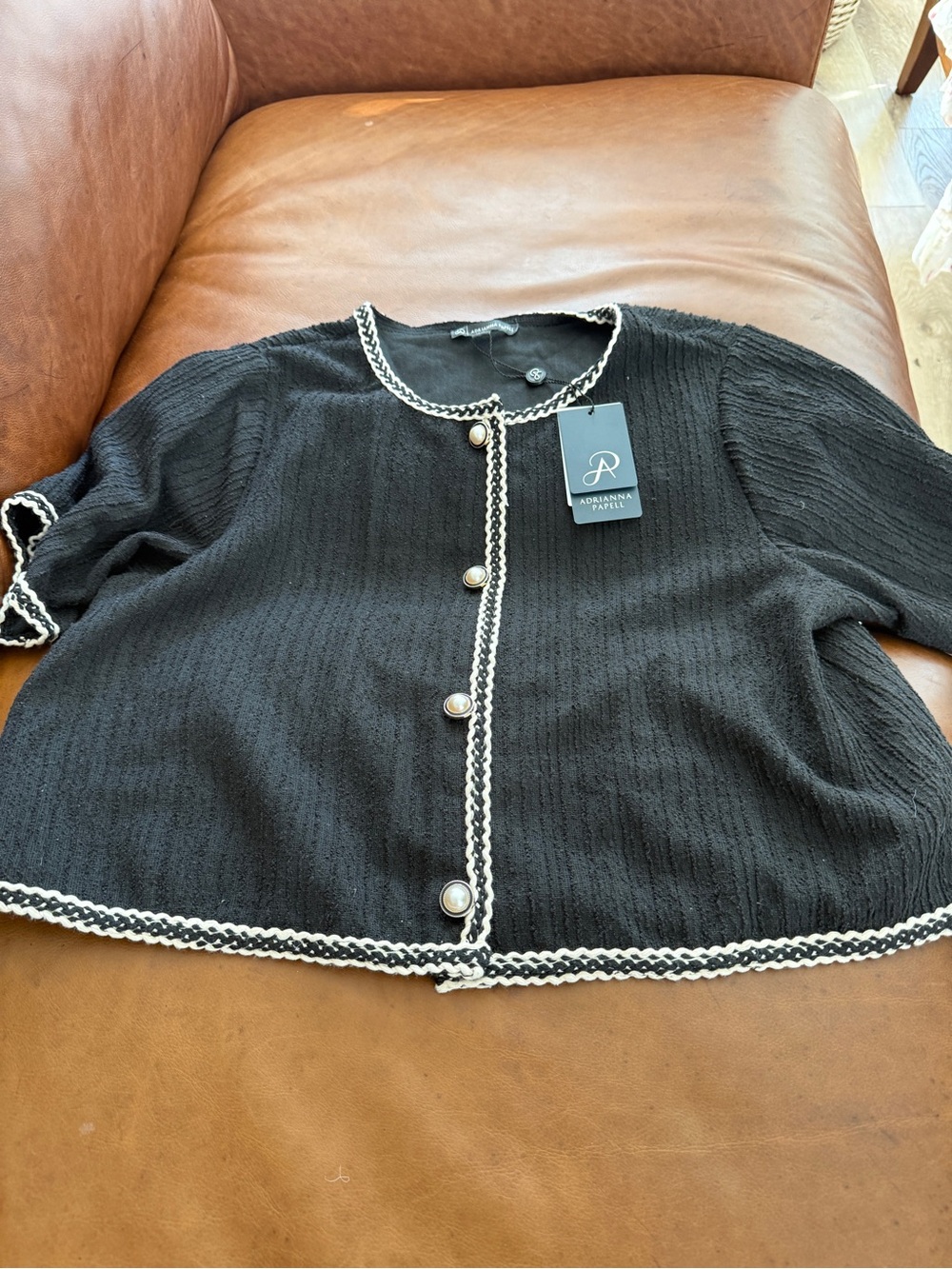 Adrianna Papell Black Cardigan with White Contrast Trim and Pearl Buttons